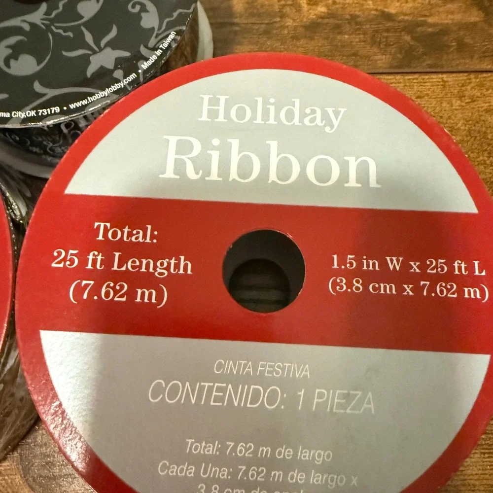 Lot of 3 Spools Ribbon Holiday Christmas Black Green Burlap Snowflake Merry New